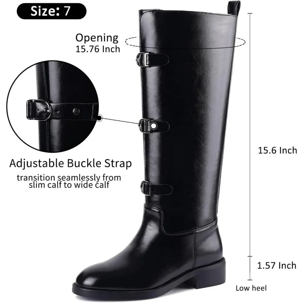 Women's C-black Round Toe Wide Calf Chunky Low Heel Pull Knee High Boots Rubber